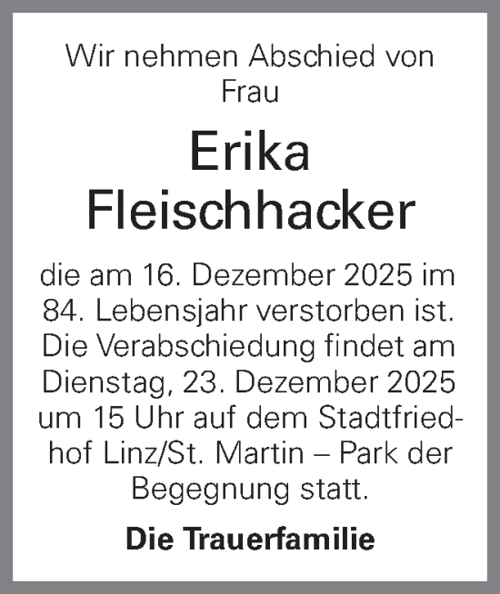 Traueranzeige von Erika Fleischhacker von OÖNachrichten