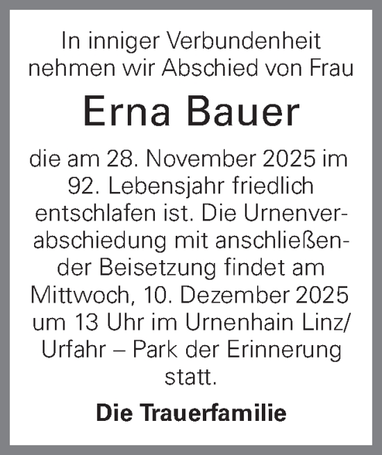 Traueranzeige von Erna Bauer von OÖNachrichten