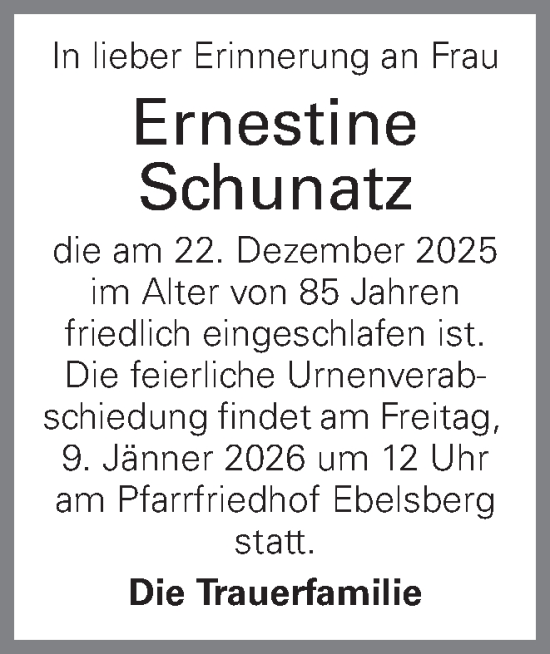 Traueranzeige von Ernestine Schunatz von OÖNachrichten