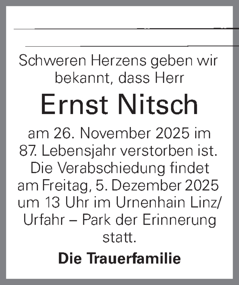  Traueranzeige für Ernst Nitsch vom 03.12.2025 aus OÖNachrichten