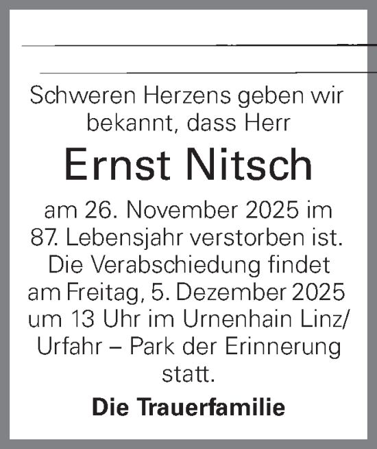 Traueranzeige von Ernst Nitsch von OÖNachrichten