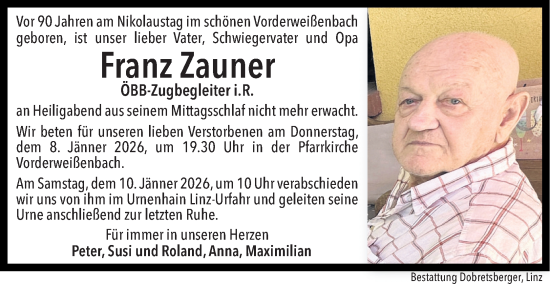 Traueranzeige von Franz Zauner von OÖNachrichten