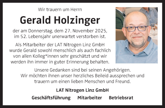 Traueranzeige von Gerald Holzinger von OÖNachrichten