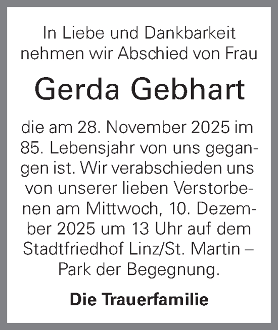 Traueranzeige von Gerda Gebhart von OÖNachrichten
