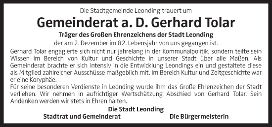 Traueranzeige von Gerhard Tolar von OÖNachrichten