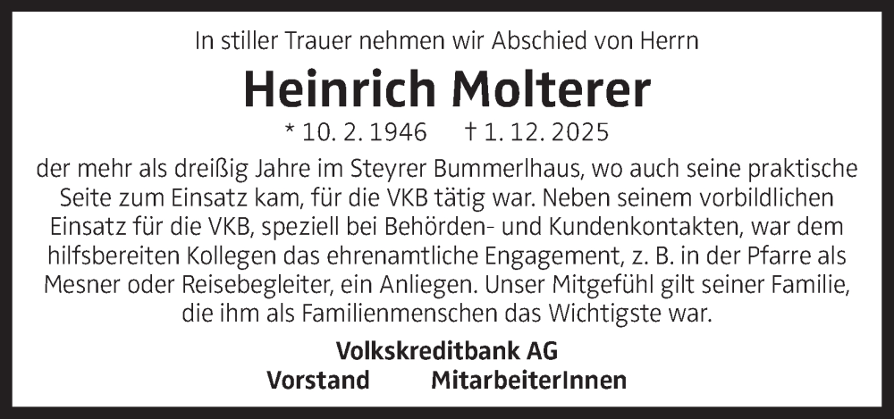  Traueranzeige für Heinrich Molterer vom 13.12.2025 aus OÖNachrichten