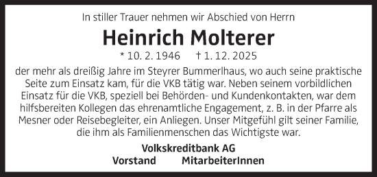 Traueranzeige von Heinrich Molterer von OÖNachrichten