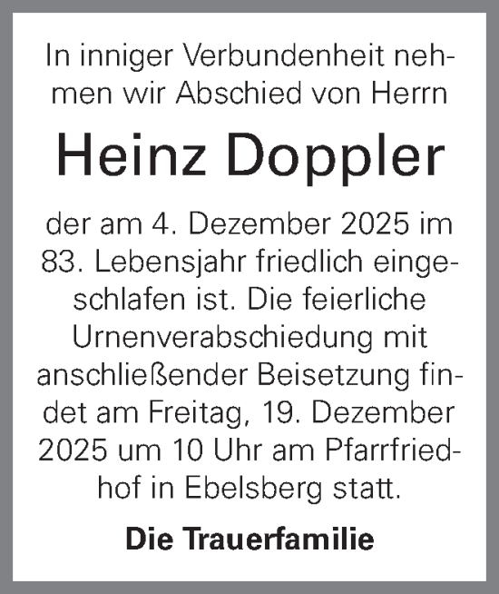 Traueranzeige von Heinz Doppler von OÖNachrichten