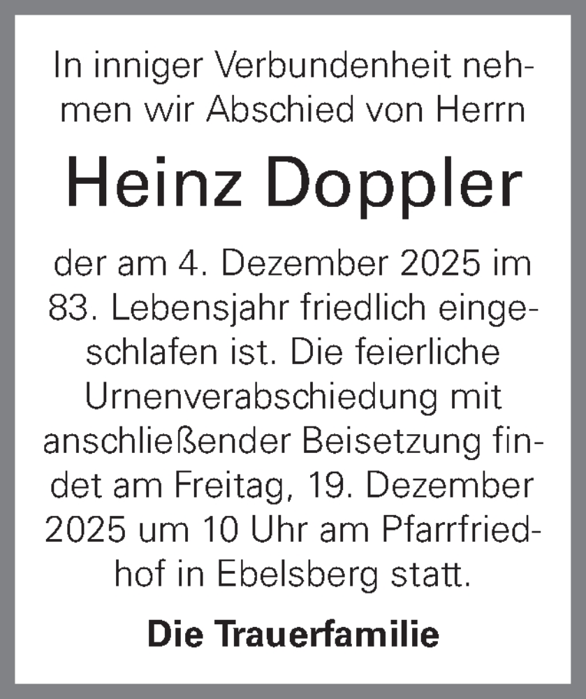  Traueranzeige für Heinz Doppler vom 11.12.2025 aus OÖNachrichten