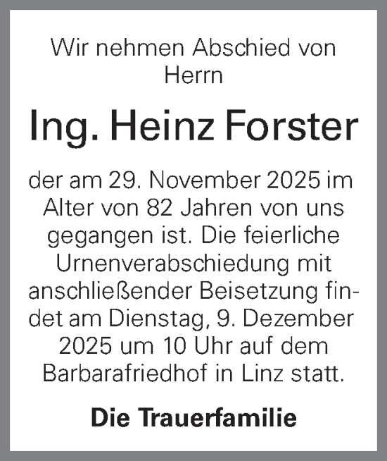 Traueranzeige von Heinz Forster von OÖNachrichten