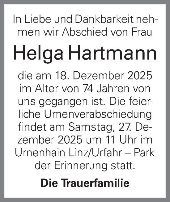 Traueranzeige von Helga Hartmann von OÖNachrichten
