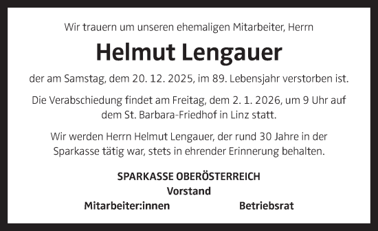 Traueranzeige von Helmut Lengauer von OÖNachrichten