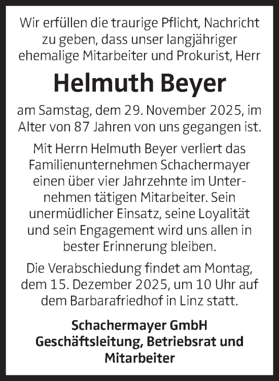 Traueranzeige von Helmuth Beyer von OÖNachrichten