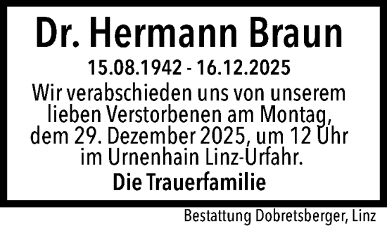 Traueranzeige von Hermann Braun von OÖNachrichten
