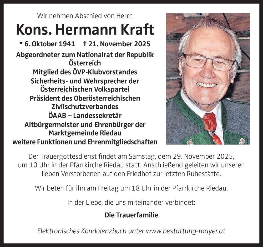  Traueranzeige für Hermann Kraft vom 27.11.2025 aus OÖNachrichten