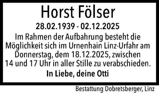 Traueranzeige von Horst Fölser von OÖNachrichten