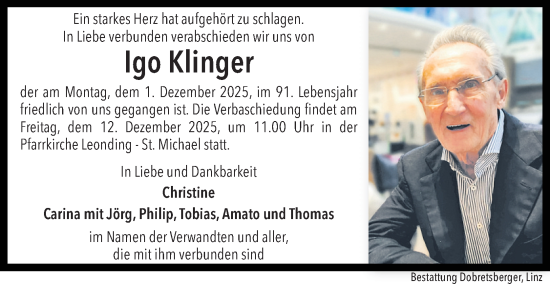 Traueranzeige von Igo Klinger von OÖNachrichten