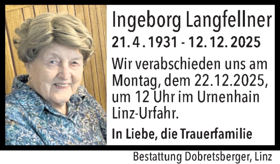 Traueranzeige von Ingeborg Langfellner von OÖNachrichten
