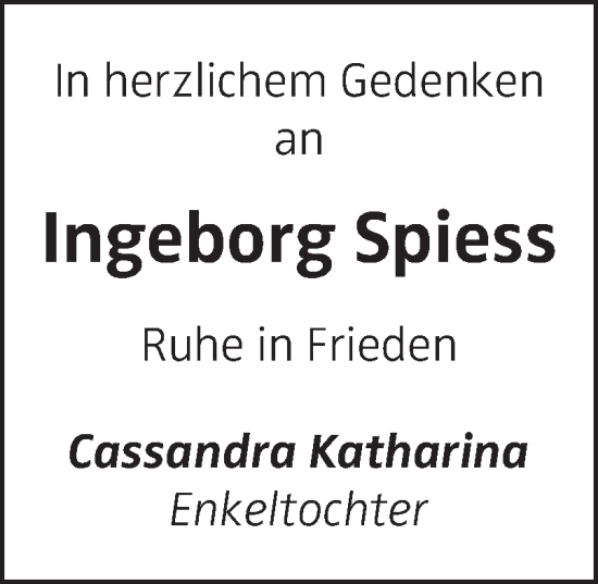 Traueranzeige von Ingeborg Spiess von OÖNachrichten