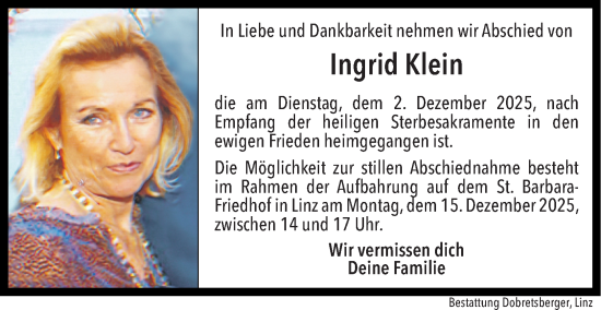 Traueranzeige von Ingrid Klein von OÖNachrichten