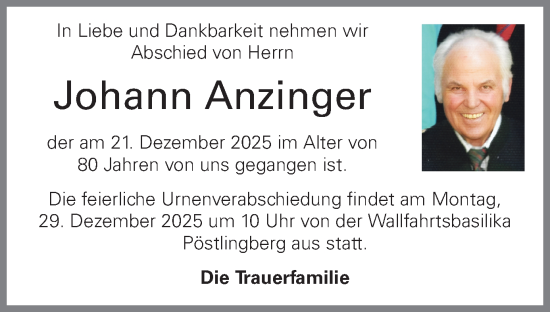 Traueranzeige von Johann Anzinger von OÖNachrichten
