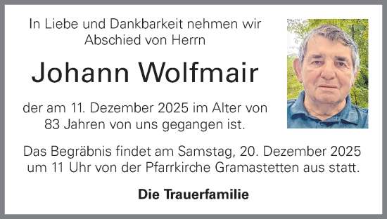 Traueranzeige von Johann Wolfmair von OÖNachrichten