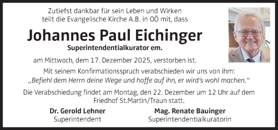 Traueranzeige von Johannes Paul Eichinger von OÖNachrichten