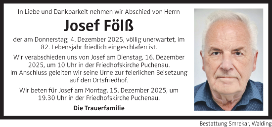 Traueranzeige von Josef Fölß von OÖNachrichten