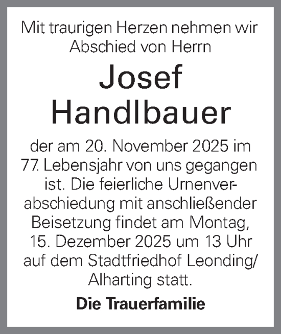 Traueranzeige von Josef Handlbauer von OÖNachrichten