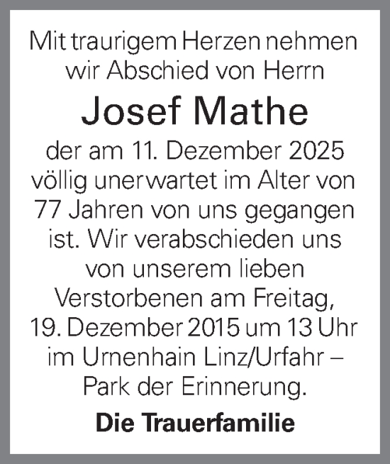 Traueranzeige von Josef Mathe von OÖNachrichten