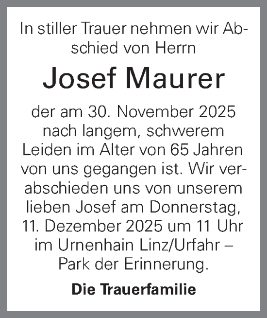 Traueranzeige von Josef Maurer von OÖNachrichten