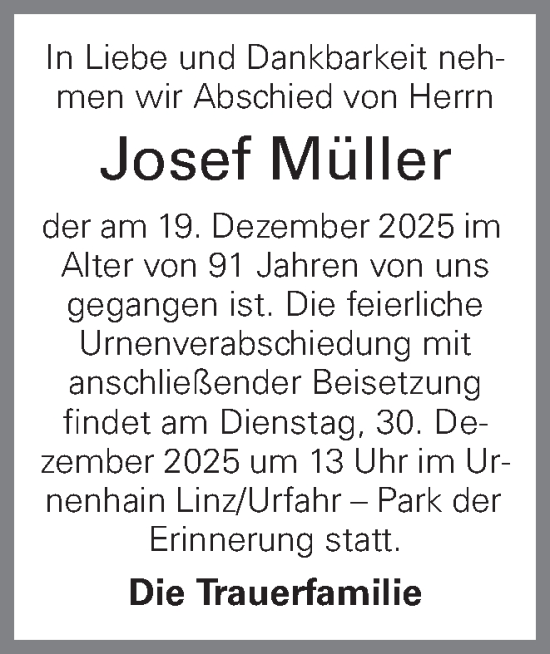Traueranzeige von Josef Müller von OÖNachrichten