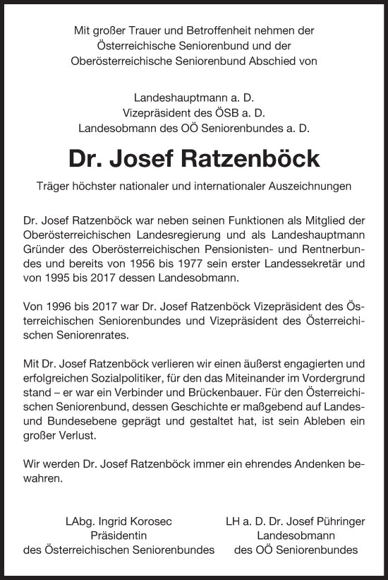 Traueranzeige von Josef Ratzenböck von OÖNachrichten