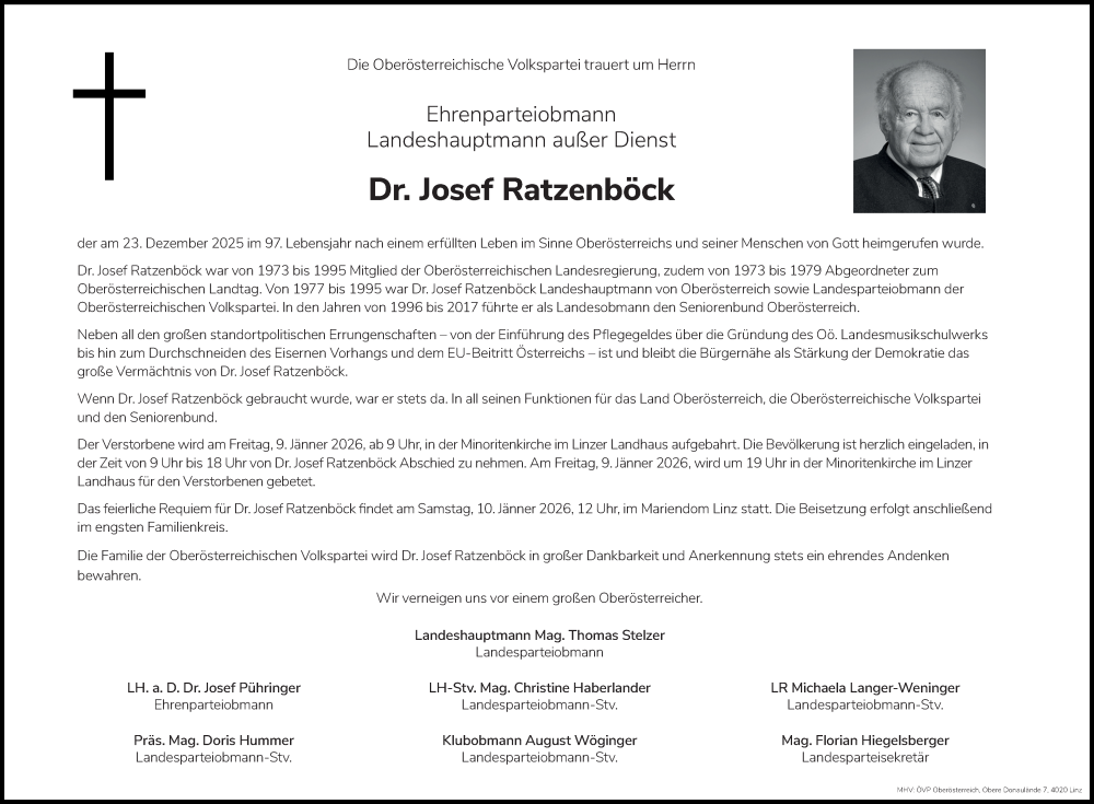  Traueranzeige für Josef Ratzenböck vom 31.12.2025 aus OÖNachrichten