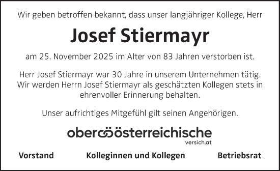 Traueranzeige von Josef Stiermayr von OÖNachrichten