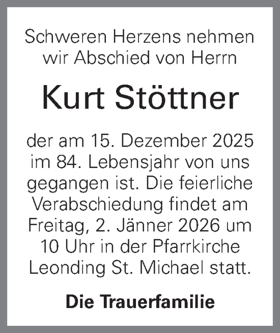 Traueranzeige von Kurt Stöttner von OÖNachrichten