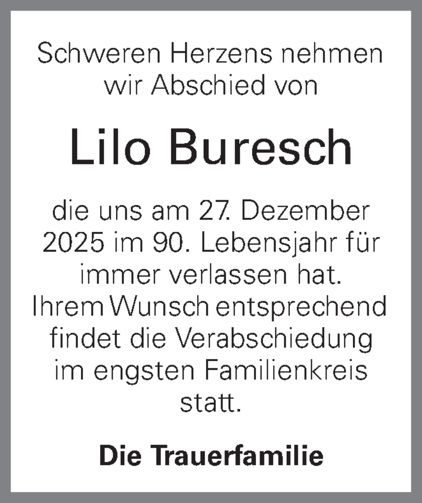  Traueranzeige für Lilo Buresch vom 31.12.2025 aus OÖNachrichten
