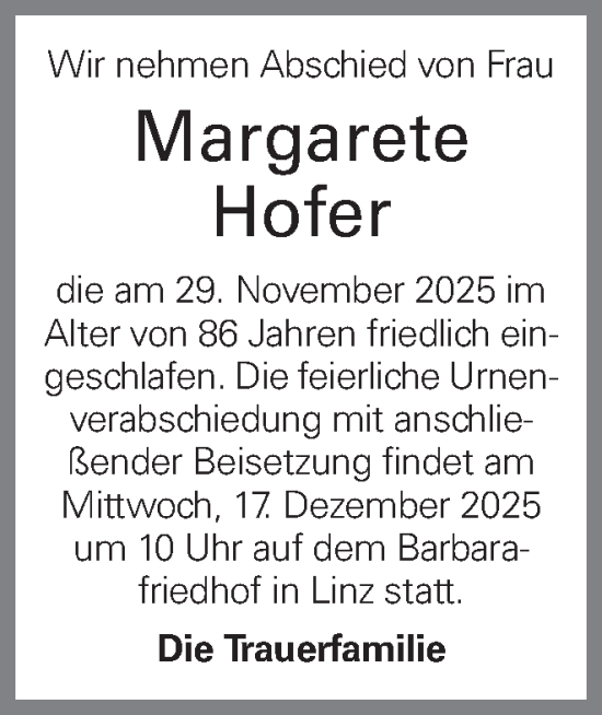 Traueranzeige von Margarete Hofer von OÖNachrichten