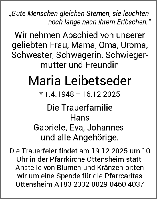 Traueranzeige von Maria Leibetseder von OÖNachrichten