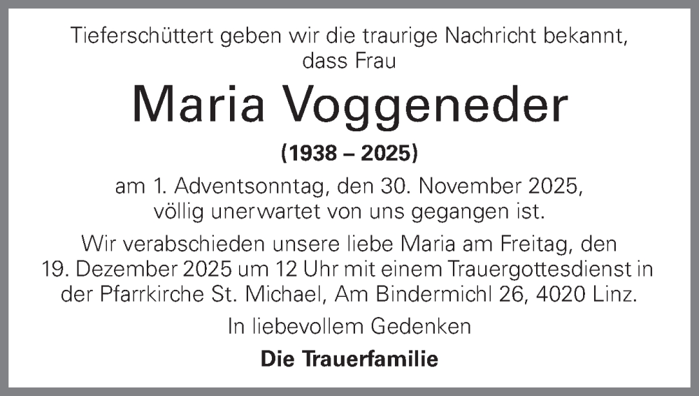 Traueranzeige für Maria Voggeneder vom 13.12.2025 aus OÖNachrichten