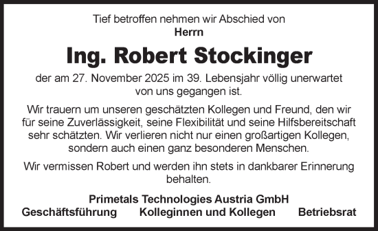 Traueranzeige von Robert Stockinger von OÖNachrichten