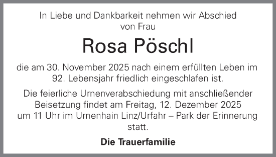 Traueranzeige von Rosa Pöschl von OÖNachrichten