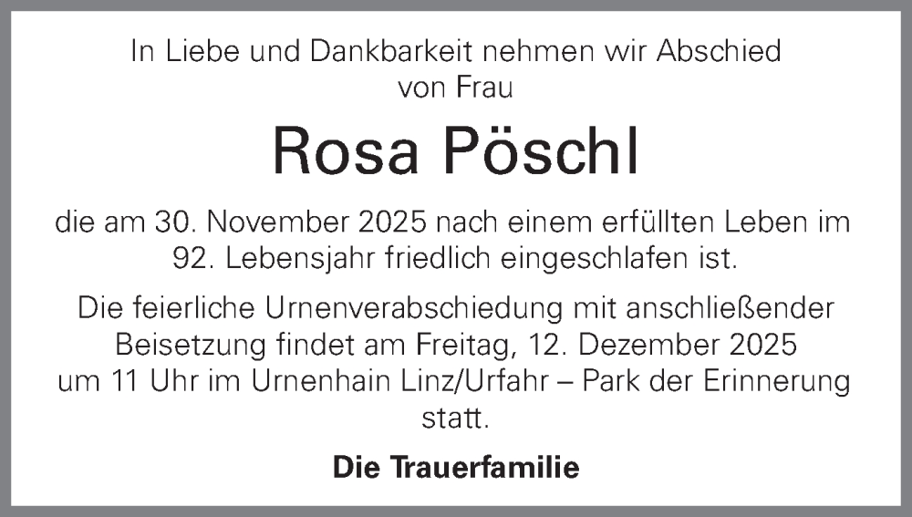  Traueranzeige für Rosa Pöschl vom 06.12.2025 aus OÖNachrichten