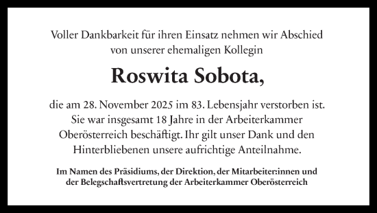 Traueranzeige von Roswita Sobota von OÖNachrichten