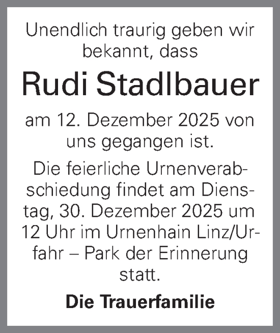 Traueranzeige von Rudi Stadlbauer von OÖNachrichten