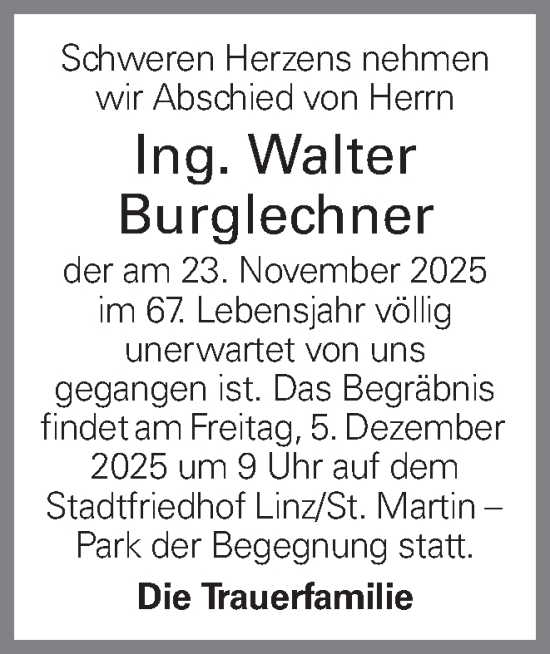 Traueranzeige von Walter Burglechner von OÖNachrichten