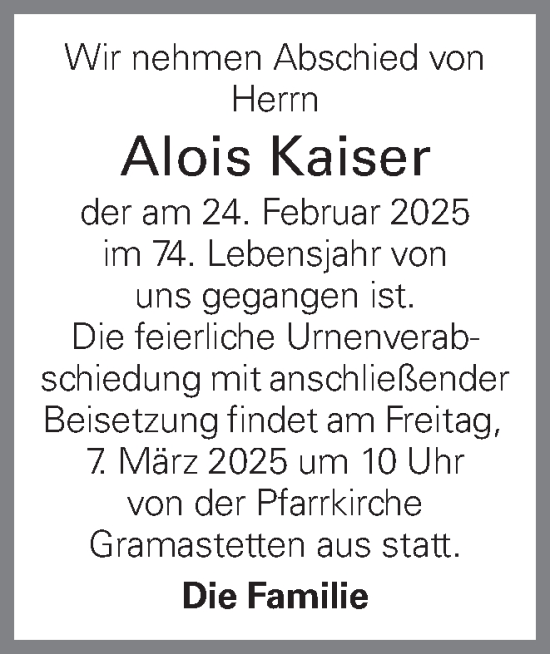 Traueranzeige von Alois Kaiser von OÖNachrichten