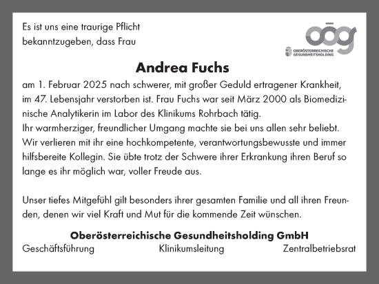 Traueranzeige von Andrea Fuchs von OÖNachrichten