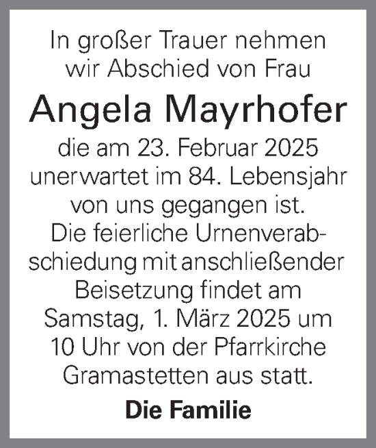Traueranzeige von Angela Mayrhofer von OÖNachrichten