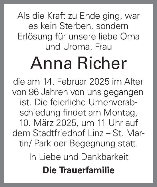 Traueranzeige von Anna Richer von OÖNachrichten